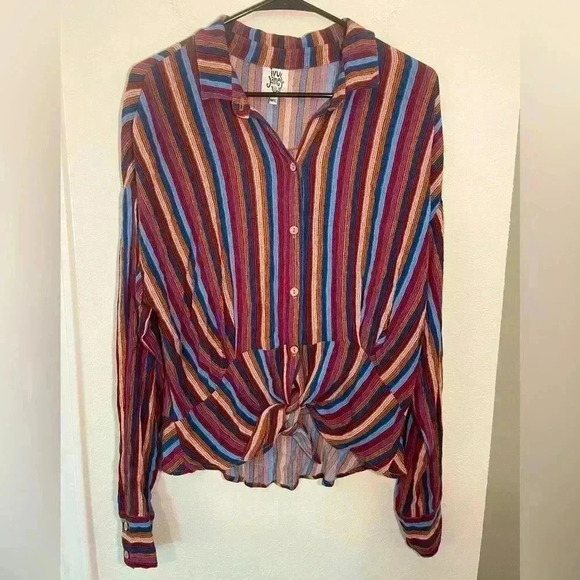 Ivy Jane Multicolor Striped Long Sleeve Button Down Tie Blouse Womens Size M L - Picture 1 of 7